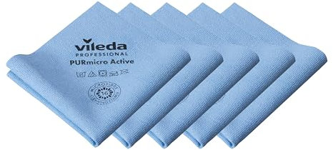 Vileda Professional Chiffon PURmicro Active Microfibre Lavable sans Trace, Haute-Absorption, Serviette Multi-Surfaces, Usage Professionnel, Lingette Essuie Verre, 38x35 cm, Lot de 5, Bleu