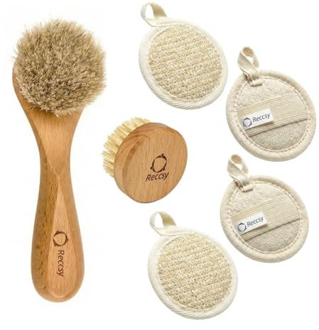 Face Dry Brush for Lymphatic Drainage Set,Exfoliating Face Brush+Face Scrubber for Women+4pcs Organic Facial Exfoliating Pads Reusable.Wooden Small Soft Bristle Facial Brushes for Cleaning.