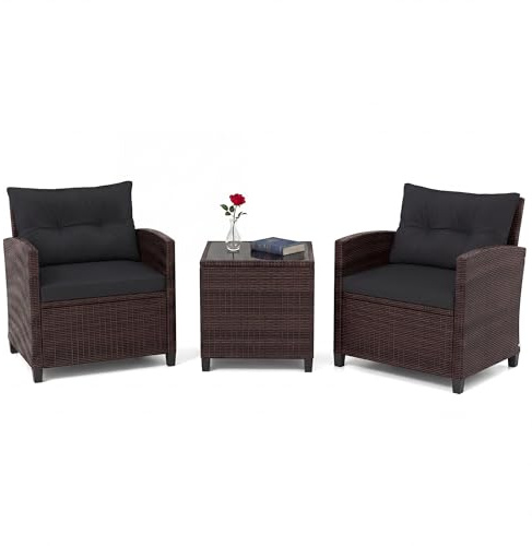 LIFEZEAL Gartenmöbel 3er Set, 2 Rattanstühle & Gartentisch aus PE-Rattan, Sofas & Couchtisch aus gehärtetem Glas, Sitzgruppe mit abnehmbaren Kissen für den Terrassen, Balkon, Garten (Schwarz)