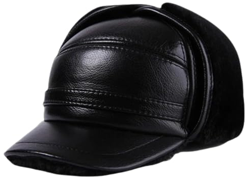 Russische Mütze Winter Bomber Hut Männer Russische Braun Leder Uschanka Kappe Mit Ohrenklappen Pelz Warme Leder Baseball Kappe, Schwarz, 59-60 cm