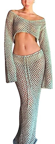 Strick-Sets, zweiteiliger Rock, Outfits für Damen, ausgeschnittenes Langarm-Crop-Top, figurbetontes Maxikleid, 2-teiliges Sommer-Set, grün, L