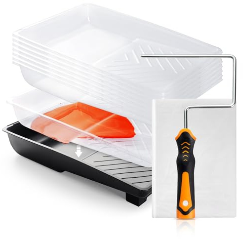HANJKINZ Paint Tray, 11 Pcs, 6 inch Paint Tray Kit with Disposable Tray Liners and 6 Inch Paint Roller Frame, 9x12 Plastic Feet Drop Cloth for Painting