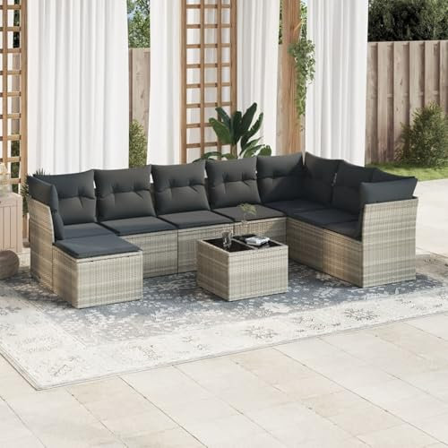 Homgoday Gartenmöbel-Set, 9-teilig, mit hellgrauen Kissen, Polyrattan, Möbeldekor, Set aus Schlafsofa, Wohnzimmer, Couch, modernes Sofa-Set für den Außenbereich für den Garten, Modell 3218062