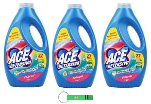3x ACE Detersivo Lavatrice Colorati - Waschmaschine Flüssigwaschmittel - Wirksam bei allen Arten von Flecken,27 Wäschen 1350ml + Beni Culinari Kostenloser Schlüsselanhänger