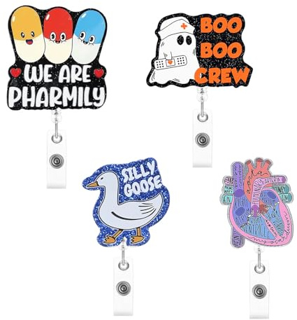 Casbomy 4 Stück ausziehbare Ausweishalter Badge Reels ID Card Badge Clip Karikatur Interessante Krankenschwester Ausweishalter geeignet für Ärzte, Krankenpfleger Personal