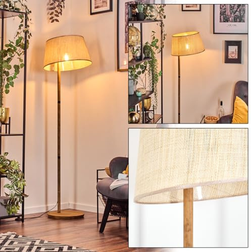 HOFSTEIN Lampadaire Sabadim avec pied en bois au design scandinave style bohème avec abat-jour en papier tressé/tissu, Ø 45 cm, E27, 169 cm, interrupteur à pied - salon, chambre, salle à manger