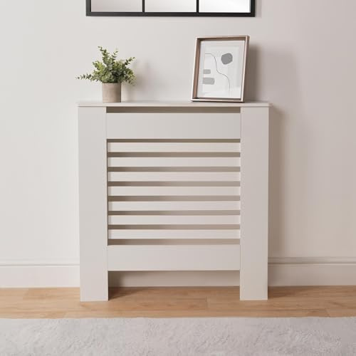 OHS Small White Radiator Cover, Stylish Durable Wooden Frame Modern Slatted Design Radiator Cover Panels MDF for Living Room Bedroom or Hallway