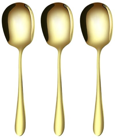 PLUSHCEWT 3 Pieces Gold Stainless Steel Serving Spoons Set – Large Buffet Serving Spoons for Soup, Salad and Entrees, Elegant Tableware for Banquet, Parties and Everyday Use, Dishwasher Safe
