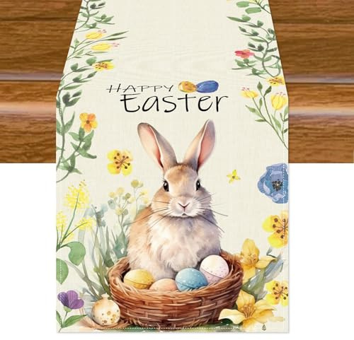 Aitsite Tischläufer Ostern, Kaninchen Osterei Tischdecke Ostern Tischläufer Frühling, Abwaschbare Osterhase Tischdekoration Wasserabweisend osterdeko innen