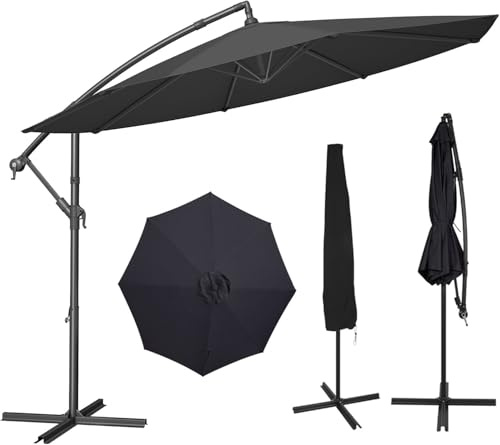 ZealWe Sonnenschirm Ampelschirm Balkon 300cm mit Ständer, UV-Schutz UPF 50+ mit Sonnenschirmhülle, Gartenschirm mit Kurbel, Windfest Kippbar, Runder Balkonsonnenschirm für Garten/Strand/Pool, Grau