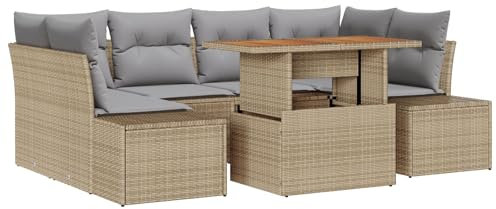 vidaXL 7-teiliges Garten-ESS-Set mit Kissen in Beige und grauem Poly-Rattan aus Akazie – Coole Möbel für draußen, Bequeme Sitzgelegenheiten für 5-6 Personen, ideal für Terrasse oder Garten.