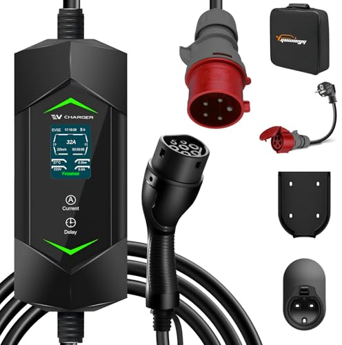 GUWIEYG Ladekabel Typ2 CEE-Stecker, 22 kW, 32 A, 3-phasig, 5 m, IEC62196 EV-Ladegerät mit einstellbarem Strom und digitaler Anzeige, Typ2 CEE-Ladekabel für EV/PHEV