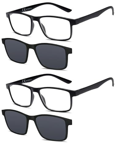 NEW VISION Lesebrille 2PACK, Brille mit magnetischem Clip für Sonnenbrille, 100% UVA- und UVB-Schutz, NV8126 Clip-On-Lesebrille für Damen und Herren (2*Schwarz, 2, Diottria)