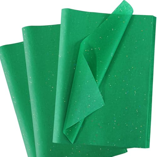 Grün Seidenpapier für Geschenktüten, 60 Blatt Glitzer Seidenpapier Verpackungsmaterial, Grün Bastelpapier mit Metallic-Folie, Seidenpapier Geschenkpapier für Geburtstage, Weihnachten, 50 x 35 cm