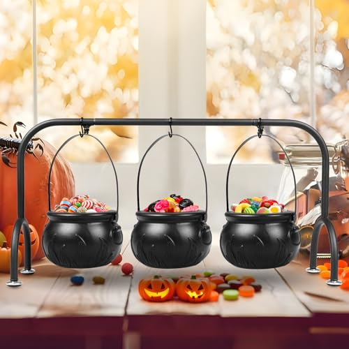 Halloween Party Decorations Indoor,Set of 3 Witches Cauldron Candy Serving Bowls With Rack,Halloween Party Supplies,Black Plastic Candy Cauldron for Table Decor