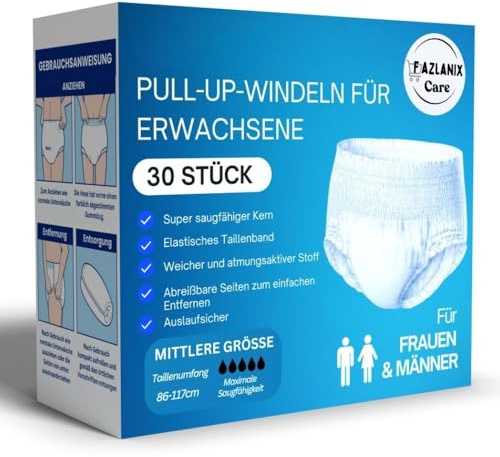 FAZLANIX Pull-Up Einweg-Inkontinenzhosen für Erwachsene, Größe M (86–117 cm), 30 Stück – Elastischer Bund, komfortabler Schutz für den Alltag bei leichter bis mittlerer Blasenschwäche