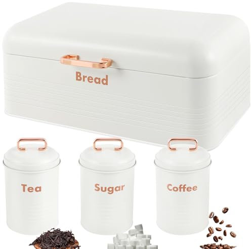 NIHUIFDPY Vintage Bread Bin with Tea Coffee Sugar Canister Set, Large Metal Bread Storage Box with Airtight Lid for Kitchen Countertop, Decorative Kitchen Food Storage Tin for Loaves, Pastries, Rolls