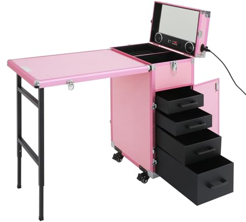 Mobilt manikyrnagelbord med Bluetooth & spegel, 4 lådor nagelstation manikyrbord med 360° hjul och bromsar, kosmetisk vagn, förvaringsarrangör 50 kg lastkapacitet, ROSA, modern