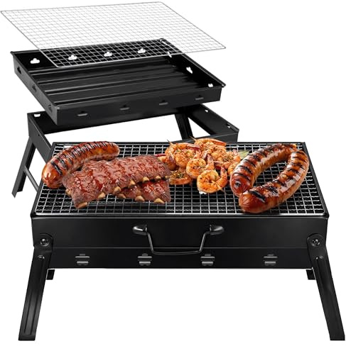KRUMAD Gril de camping pliable, barbecue à charbon portable 38,5 x 27 cm, barbecue de table au charbon de bois pour camping, jardin et voyage, mini barbecue pliable avec grille, idéal pour le barbecue