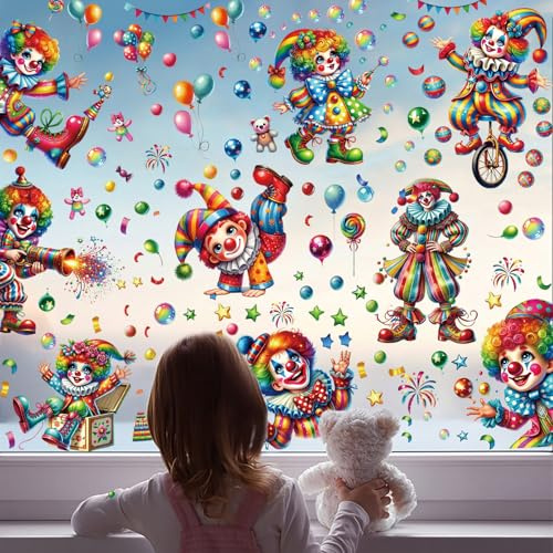 Gleemix 9 Blatt Clown Fensterbilder Karneval, Statisch Haftende PVC Karnevaldeko, Wiederverwendbar Fensterdeko Fasching, Clown Fenster Aufkleber Karneval, Fasching, Zirkus Deko Festliche