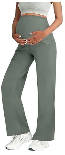 Pantalon de grossesse pour femme - Pantalon de grossesse basique ample - Jambe droite - Avec poches - Pantalon de grossesse - Taille haute - Pantalon de yoga, Vert clair., M