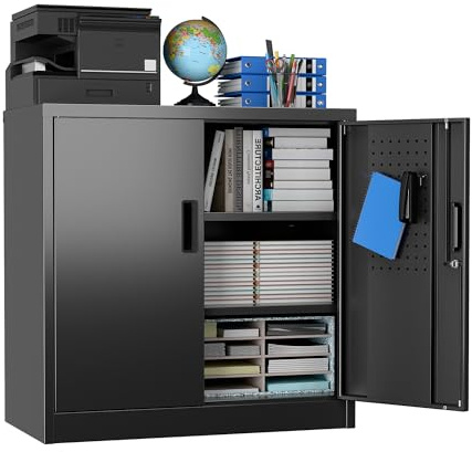 Livoverse Mehrzweckschrank Schwarz abschliessbarer Stahlschrank mit 2 Tueren verstellbaren Ablagen Lochwaenden und Haken innen Ideal Fuer Garage Buero und Wohnzimmer