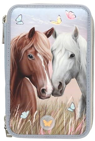 Depesche 13976 Miss Melody - Gefüllte 3-Fach Federtasche in Hellblau und Beige, mit Pferde Motiv, LED-Licht und Schmetterlingen, Federmappe mit Buntstiften, Schere, Lineal UVM.