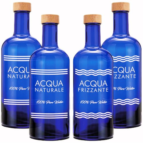 BrandPrint Juego de 4 botellas de cristal azul modelo ISIDE, 750 ml, serigrafía 2 natural y 2 brillantes, tapón de rosca revestido de madera | Botella de cristal agua solarizada