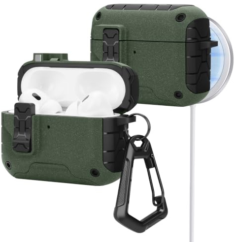 HITZEE Custodia per AirPods Pro 2/1, Compatibile con Cover AirPods Pro 2（2022）/Pro 1(2019), Blocco Magnetico Automatico con Supporto per Telefono, Custodia Compatibile con MagSafe, Verde