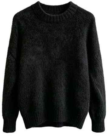 Suéter de punto esponjoso con cuello redondo para mujer, de manga larga, color liso, Negro, XXL