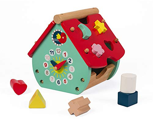 Janod - Baby Forest Formen-Steckspiel aus Holz, Haus, Bausteine, frühes Alter und Lernspielzeug, zum Erlernen von Farben und feinmotorischen Fähigkeiten, ab 18 Monaten, J08008