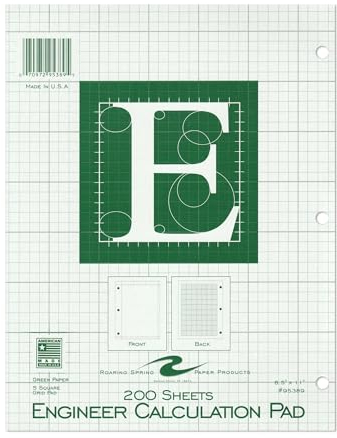ROARING SPRING Graph Ruled Engineering Pad, Engineering Graph Paper Pad, 5x5 Enclosed Grid, 8.5 x 11, 200 Sheets, 3 Hole Punched, Green Tinted Sheets, Made in USA