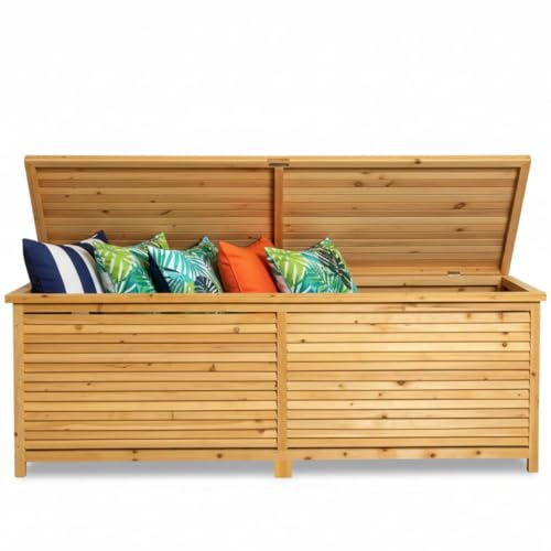 Melko Auflagenbox Kissenbox Gartenbox Gartentruhe 170x50x58 cm Holz Braun | regenfester Schutzanstrich, klappbarer Deckel, luftdurchlässige Lamellen, rostfreie Scharniere, Stauraum für Polster