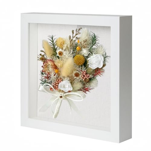 Muzilife 8x8 Shadow Box Picture Frame with Linen Board - Deep Wood & Tempered Glass Display Case Memory Box Baby Sports Memorabilia, Pins, Awards, Medals, Wedding, Tickets and Photos (White)