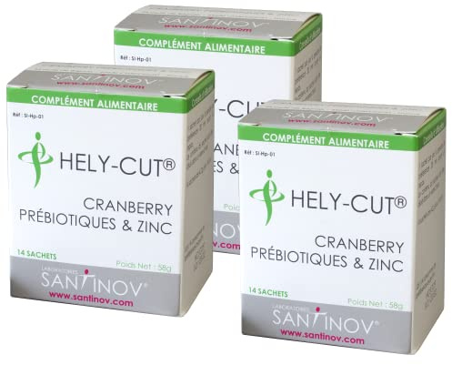 SANTINOV - HELY CUT - Lot de 3 boîtes Prébiotique antioxydant - Renforcement naturel du microbiote intestinal Transit - Ballonnements intestinaux - Complément alimentaire Cranberry, Zinc et glutamine