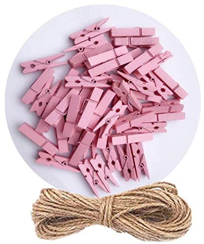 DurReus Tiny Clothes Pins Colorful Hang Up Photographs Drawings Party Clips Decor Baby Shower Game With Twine Pack 50 Pink