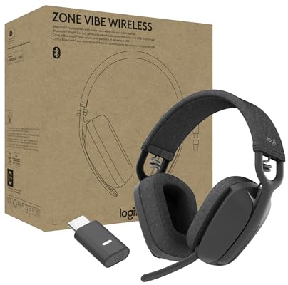 Logitech Zone Vibe Wireless, Auriculares con micrófono, cancelación de Ruido, Bluetooth, USB-A, USB-C, para Google Meet, Google Voice, Zoom, Mac/PC - Grafito