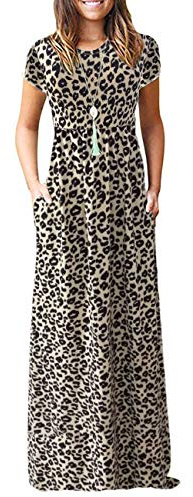 AUSELILY Mujer Verano Vestido Señorita Maxi Vestido de Manga Corta Bolsillo Leopardo M