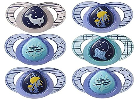 Tommee Tippee Night Time Glow in the Dark Schnuller, 6–18 m, symmetrisches kieferorthopädisches Design, BPA-freies Silikon, 6er-Pack, Farben können variieren