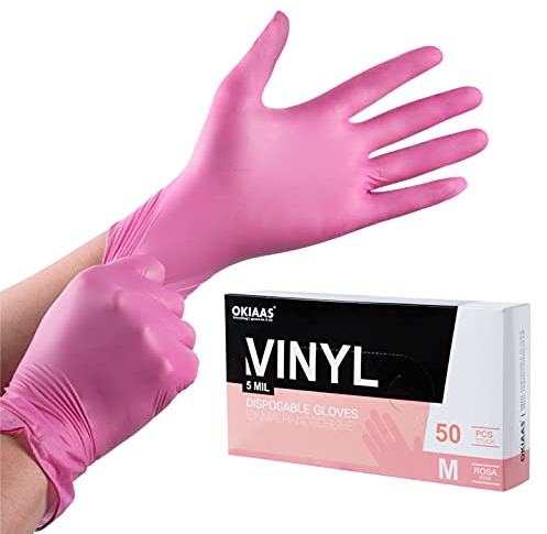OKIAAS Pink Gloves M|Latex-Free Vinyl Gloves for Household, Food Handling, Lab Work and More|Medium,50 Counts/Box