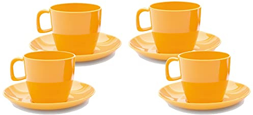 Harfield Yellow Tea Cups & Saucers 8 Piece Set Virtually Unbreakable Reusable Polycarbonate x4 Tea Cups x4 Saucers
