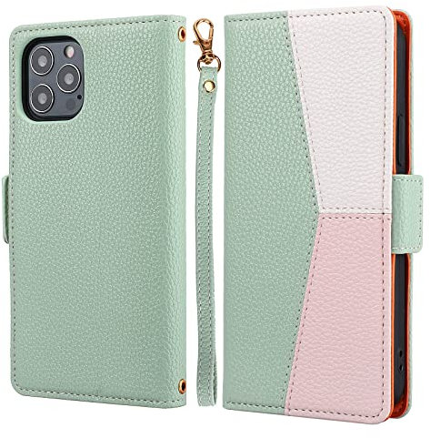 ZCDAYE Phone Case for iPhone 13 Wallet Case with Card Slots Wrist Strap, Folio Flip Leather Cover for iPhone 13 - Splicing Green