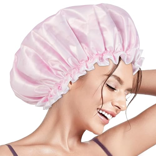 Aquior Shower Cap Reusable Shower Cap for Women Double Layer Waterproof Large Size for All Hair Lengths for Girls Spa Home Salon (Pink Cloud)