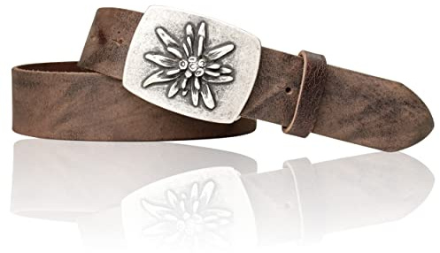 FRONHOFER Trachtengürtel Damen Herren Ledergürtel Echtleder 4 cm, Edelweiß Gürtelschnalle 7 x 5 cm, Wechselgürtel Druckknopf, Bundweite 95-125 cm, Dirndl Lederhose Oktoberfest, Made in Germany