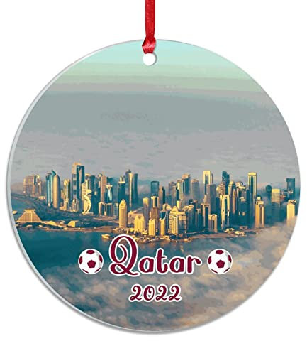 Nahen Osten Landschaft 2022 Acryl Weihnachten Ornament Mundial 2022 Weihnachten Hängende Ornamente Stadt Skyline 7,6 cm mit roter Schnur Weihnachtsschmuck Geburtstagsgeschenke für Freund weibliche