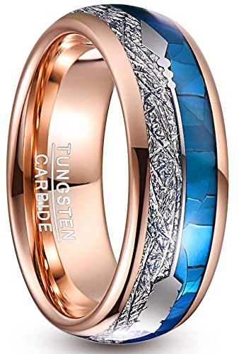 NUNCAD Bague Homme Femme Or Rose Carbure de Tungstène avec Coque Bleue,Météorite et La Flèche Alliance Homme Taille 52(16.6)-70(22.3)
