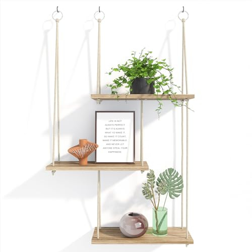 Fixwal Hängeregale für die Wand, 3 Etagen, Boho-Wanddekoration, Pflanzenregal, schwimmende Regale, Seil, rustikaler Holzorganizer, Aufbewahrungsaufhänger für ästhetisches Zuhause, Schlafzimmer, Küche,