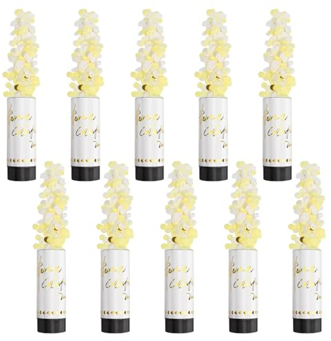 DRERIO 10 Pcs Confetti Cannons White Confetti Wedding Party Poppers,Gender Reveal Cannon,11cm with Twisting Black Turntable to Left for Xmas Anniversary New Year Celebration Supplies