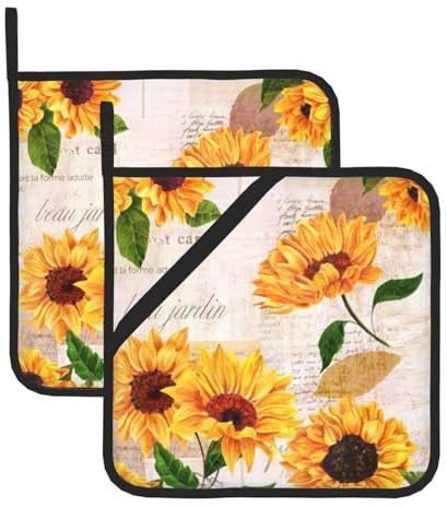 Set di 2 presine con girasoli gialli vivaci per cucina, lavabili e resistenti al calore, cuscinetti caldi o cucina cottura forno a microonde barbecue