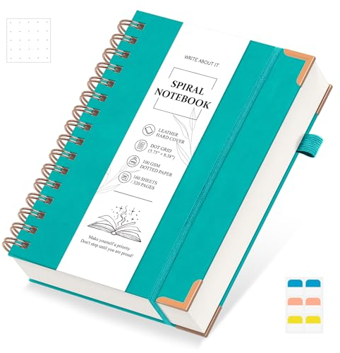 Notizbuch A5 Gepunktetes - Bullet Dot Journal 320 Seiten, Spiralgebundene Notizbücher für Schreiben, Notizblock 100gsm College Papier, Hardcover Tagebuch für Frauen Männer Arbeit Büro Schule, Türkis